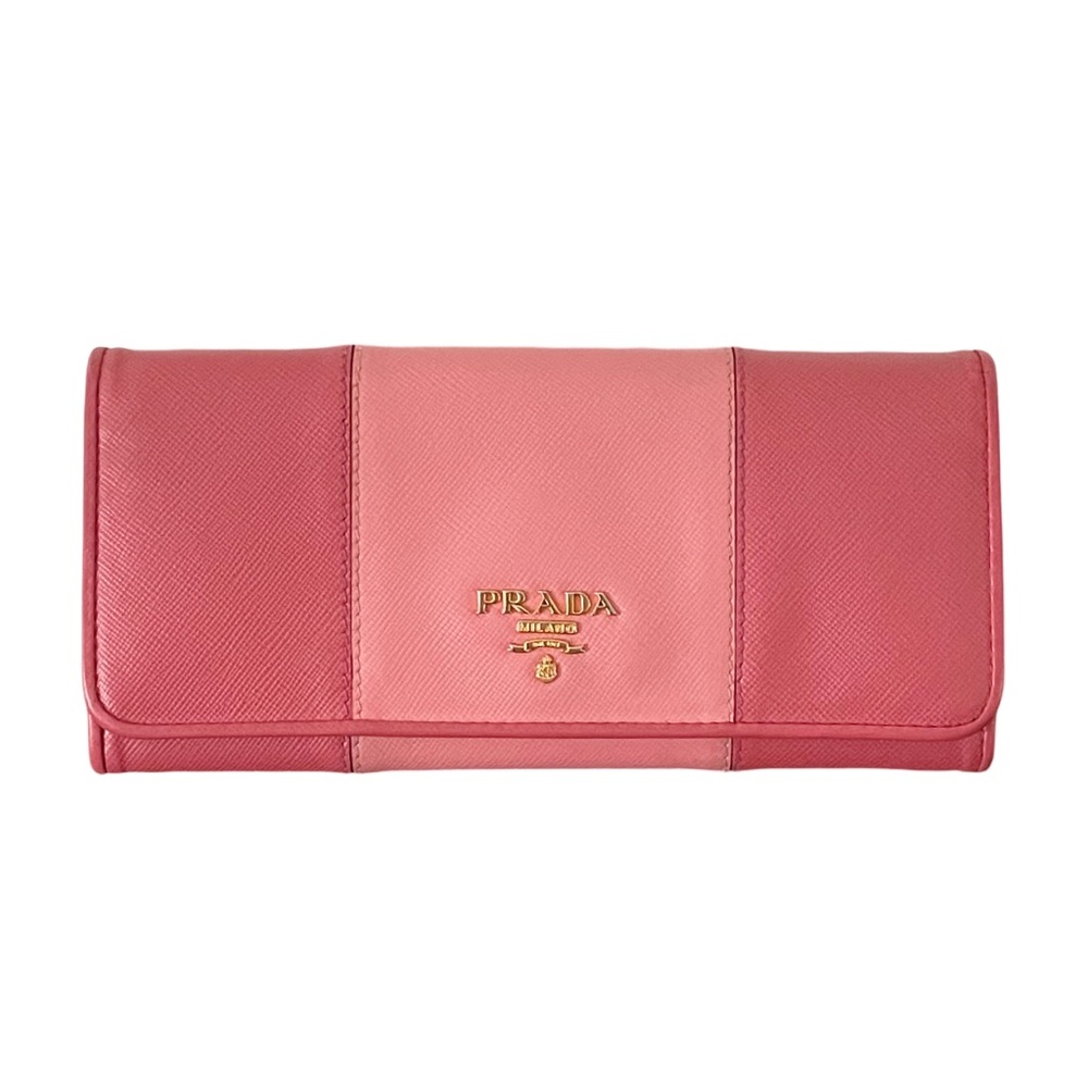 Prada pink saffiano leather two tone stripe gold hardware long wallet - Picture 1 of 14